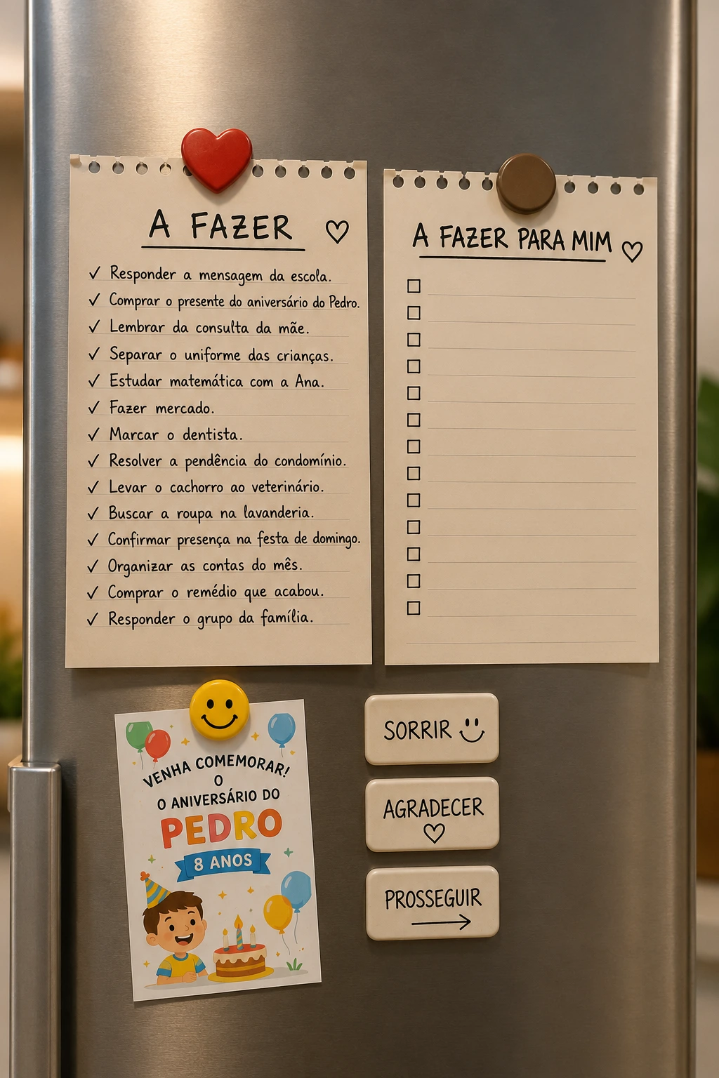 Geladeira com bilhetes e lembretes representando a rotina diária