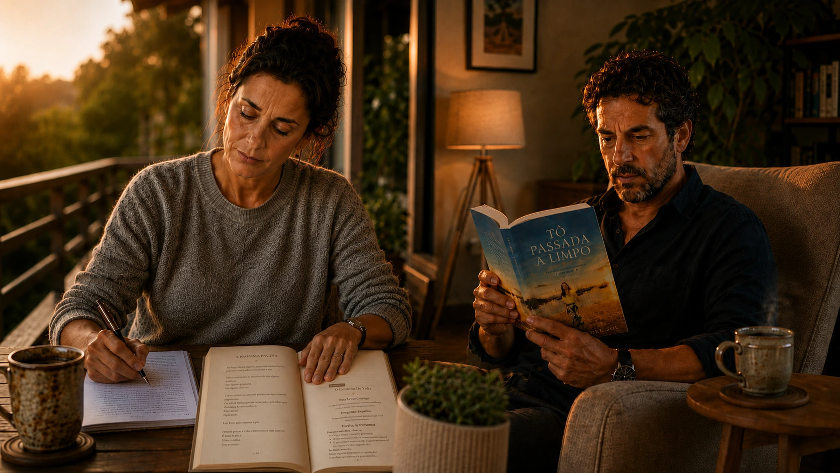 Mulher escrevendo suas reflexões enquanto homem lê o livro Tô Passada a Limpo