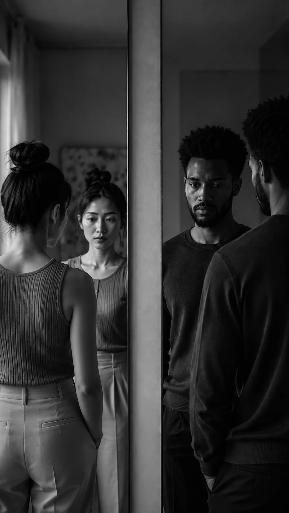 Mulher e homem diante de seus próprios reflexos no espelho, em uma cena de introspecção e reconexão consigo.